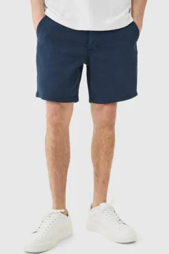 Shop boohooMAN Fixed Waist Slim Fit Chino Shorts navy