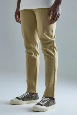Shop boohooMAN Fixed Waist Slim Fit Technical Stretch Trouser stone