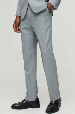 Shop boohooMAN Fixed Waist Straight Stripe Texture Tailored Trouser grey
