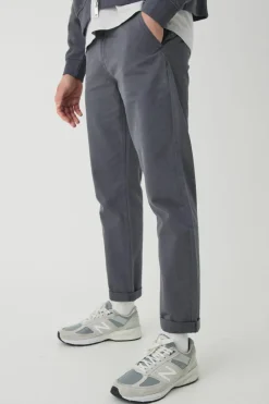 New boohooMAN Fixed Waist Tapered Turn Up Hem Chino Trousers charcoal