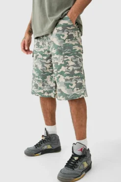 Discount boohooMAN Fixed Waist Woven Tab Ripstop Camo Jorts khaki