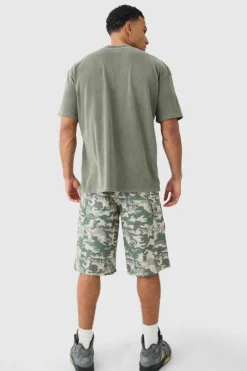 Discount boohooMAN Fixed Waist Woven Tab Ripstop Camo Jorts khaki