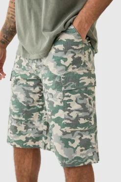Discount boohooMAN Fixed Waist Woven Tab Ripstop Camo Jorts khaki