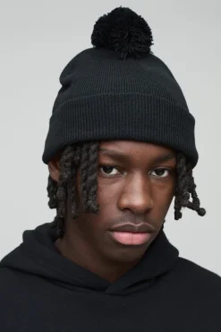 Best Sale boohooMAN Flat Knit Bobble Beanie black