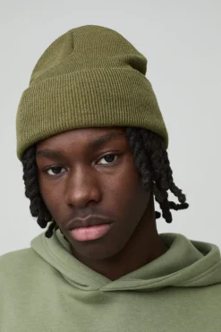 Fashion boohooMAN Flat Knit Classic Beanie olive