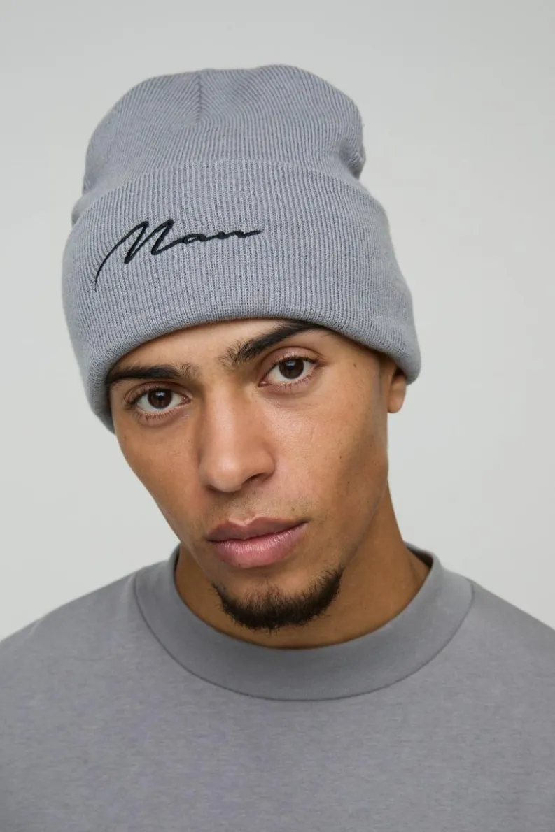 Shop boohooMAN Flat Knit Man Script Micro Beanie grey