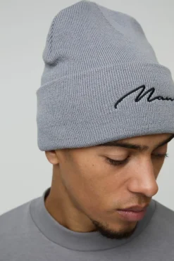 Shop boohooMAN Flat Knit Man Script Micro Beanie grey