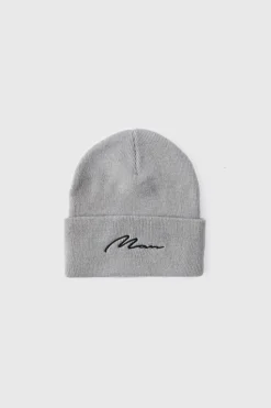 Shop boohooMAN Flat Knit Man Script Micro Beanie grey