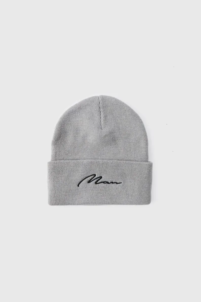 Shop boohooMAN Flat Knit Man Script Micro Beanie grey
