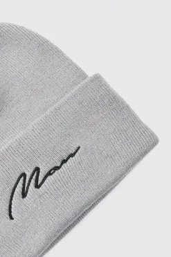 Shop boohooMAN Flat Knit Man Script Micro Beanie grey