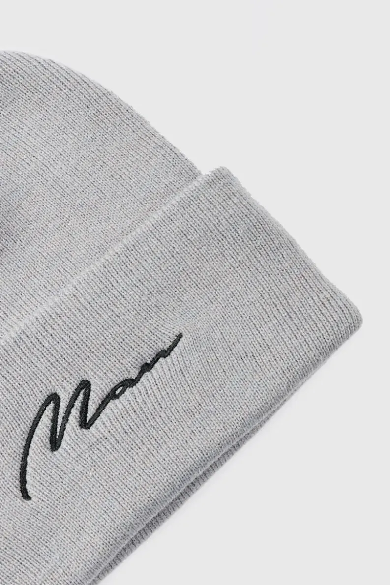 Shop boohooMAN Flat Knit Man Script Micro Beanie grey