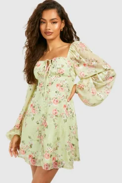 Discount boohoo Floral Blouson Sleeve Skater Dress sage