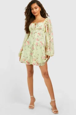Discount boohoo Floral Blouson Sleeve Skater Dress sage