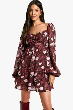 Online boohoo Floral Blouson Sleeve Skater Dress merlot