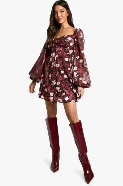 Online boohoo Floral Blouson Sleeve Skater Dress merlot
