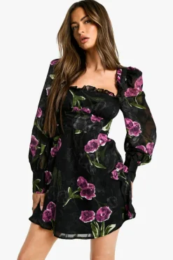 Best boohoo Floral Burnout Milkmaid Dress black