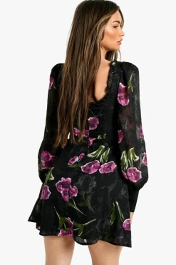 Best boohoo Floral Burnout Milkmaid Dress black