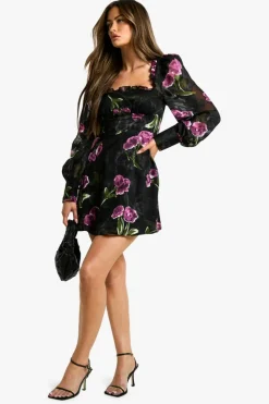 Best boohoo Floral Burnout Milkmaid Dress black