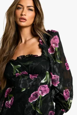 Best boohoo Floral Burnout Milkmaid Dress black