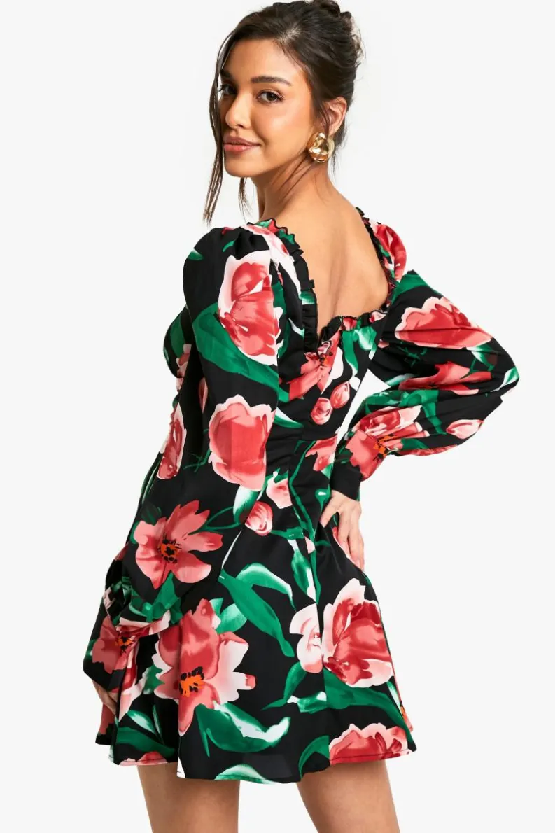 Cheap boohoo Floral Corset Milkmaid Mini Dress black