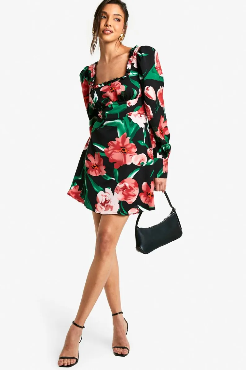 Cheap boohoo Floral Corset Milkmaid Mini Dress black