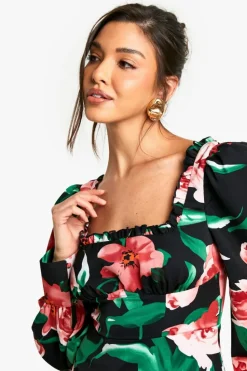 Cheap boohoo Floral Corset Milkmaid Mini Dress black