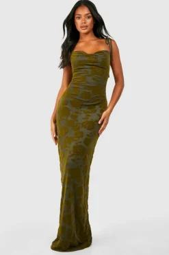 Outlet boohoo Floral Devore Cowl Maxi Slip Dress khaki
