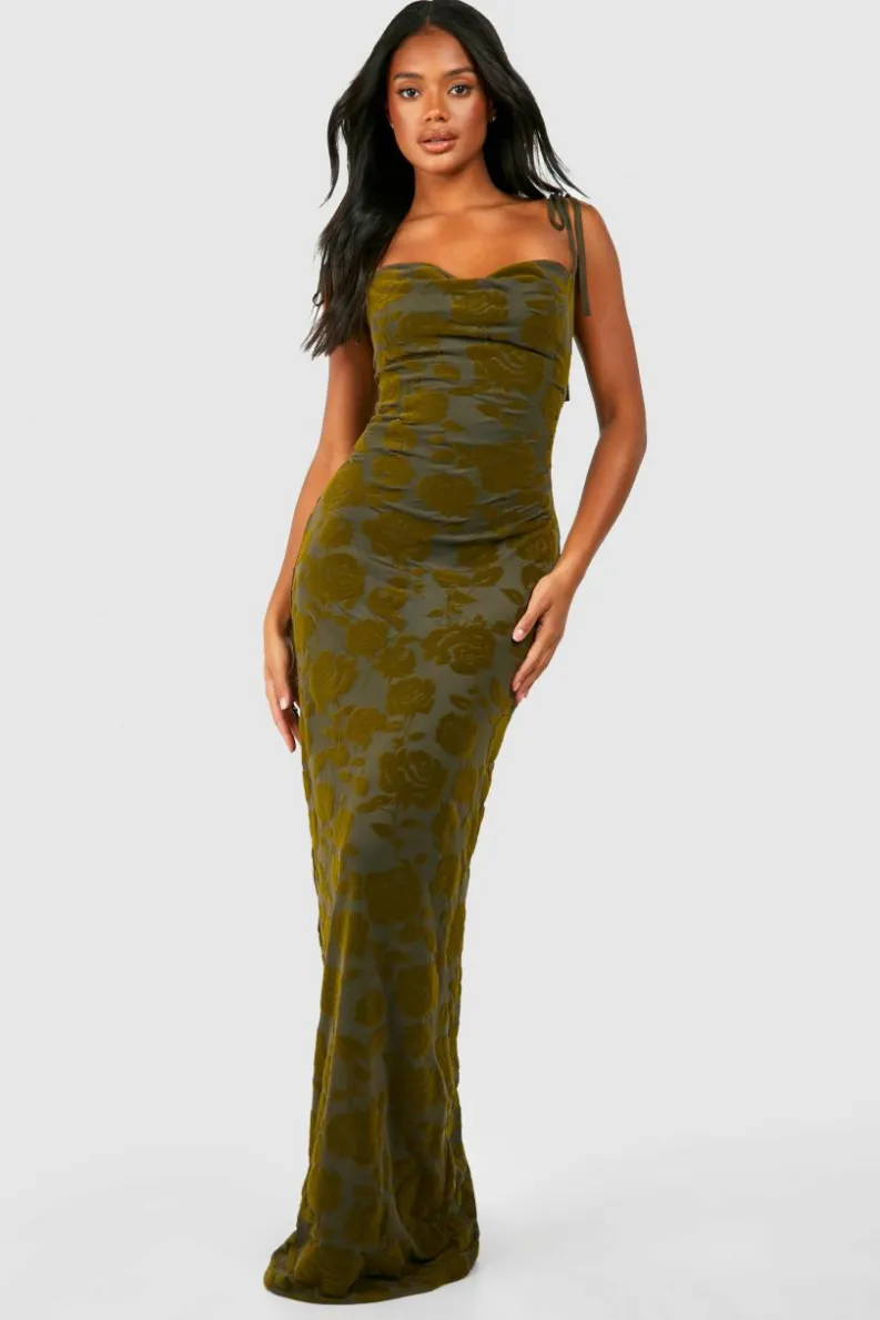 Outlet boohoo Floral Devore Cowl Maxi Slip Dress khaki