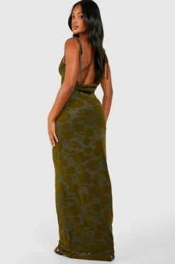 Outlet boohoo Floral Devore Cowl Maxi Slip Dress khaki