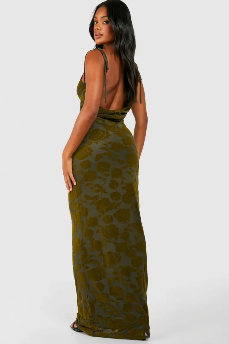 Outlet boohoo Floral Devore Cowl Maxi Slip Dress khaki