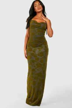 Outlet boohoo Floral Devore Cowl Maxi Slip Dress khaki