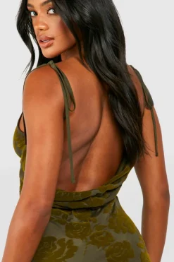 Outlet boohoo Floral Devore Cowl Maxi Slip Dress khaki