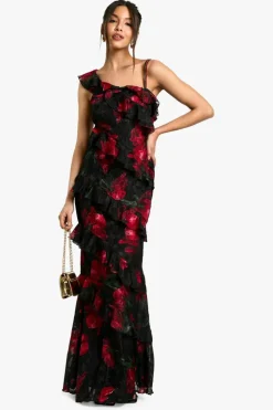 Sale boohoo Floral One Shoulder Ruffle Maxi Dress black