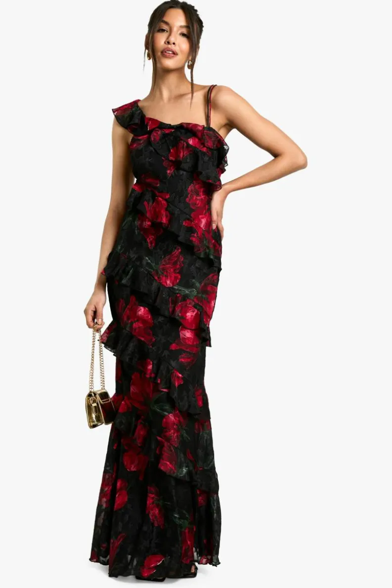 Sale boohoo Floral One Shoulder Ruffle Maxi Dress black