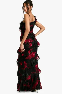 Sale boohoo Floral One Shoulder Ruffle Maxi Dress black
