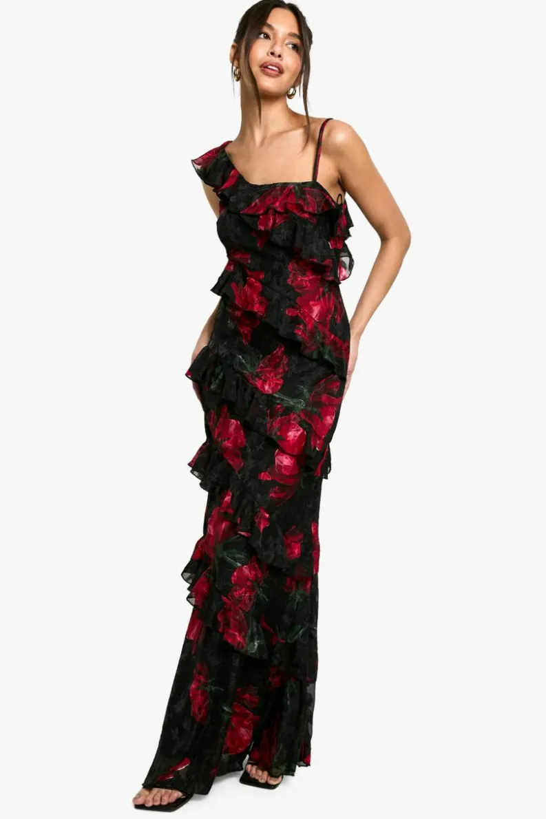 Sale boohoo Floral One Shoulder Ruffle Maxi Dress black