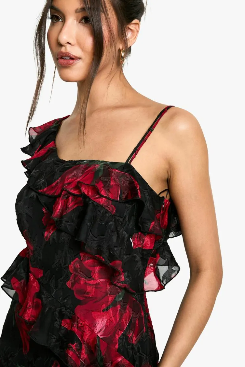 Sale boohoo Floral One Shoulder Ruffle Maxi Dress black
