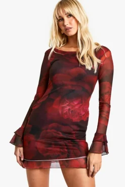 Sale boohoo Floral Print Ruffle Hem Mini Dress black