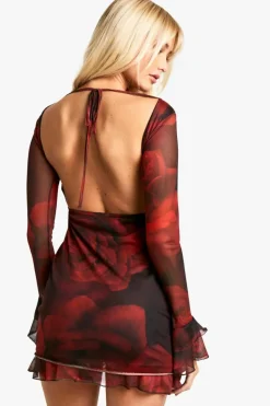 Sale boohoo Floral Print Ruffle Hem Mini Dress black