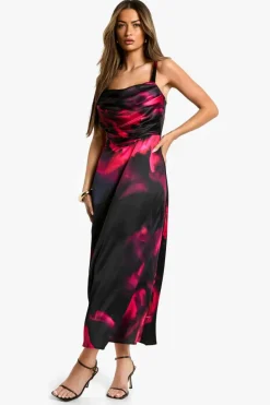Shop boohoo Floral Satin Corset Midaxi Dress black