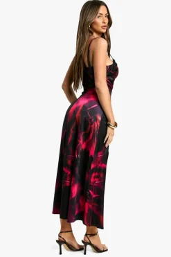 Shop boohoo Floral Satin Corset Midaxi Dress black