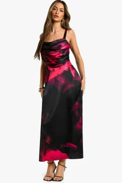Shop boohoo Floral Satin Corset Midaxi Dress black