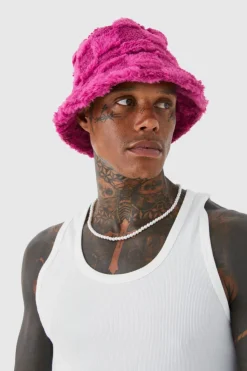 Hot boohooMAN Fluffy Checkerboard Bucket Hat pink