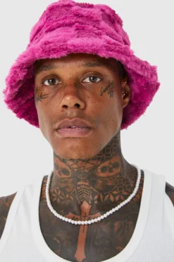 Hot boohooMAN Fluffy Checkerboard Bucket Hat pink