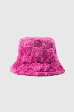 Hot boohooMAN Fluffy Checkerboard Bucket Hat pink