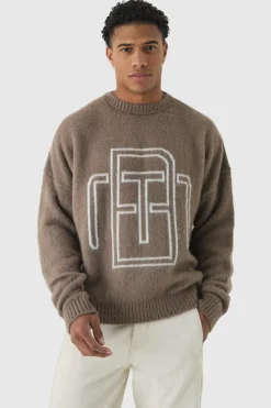 Cheap boohooMAN Fluffy Knit BM Jumper taupe