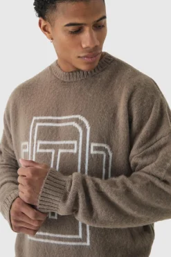 Cheap boohooMAN Fluffy Knit BM Jumper taupe