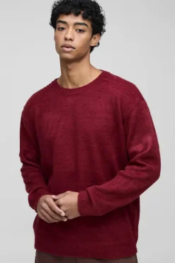 Cheap boohooMAN Fluffy Knit Crew Neck Oversized Jumper wine