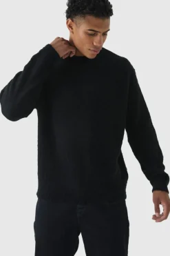 Clearance boohooMAN Fluffy Knit Crew Neck Oversized Jumper black