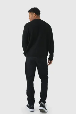 Clearance boohooMAN Fluffy Knit Crew Neck Oversized Jumper black